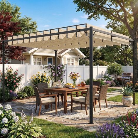 Pérgola de Jardín 3x4 m con Protección UPF 50+ Gazebo con Techo Ajustable Estructura de Metal para Exterior Crema (1/5)