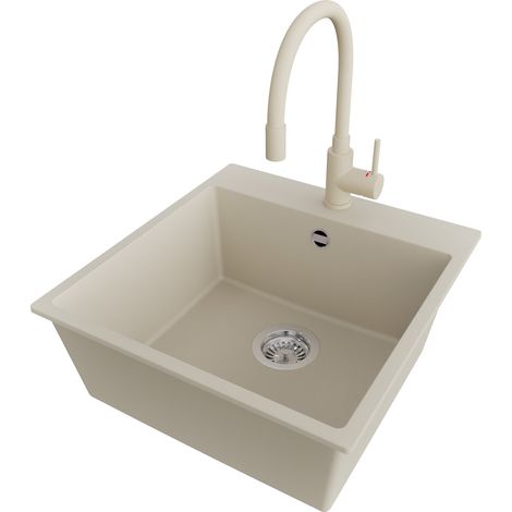 PRIMAGRAN Evier Cuisine en Granit 48x50cm,Lavabo 1 bac + Robinet 38x14cm + Kit de Vidage, Évier à Encastrer au meuble 50cm - Riga, Beige (1/5)
