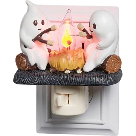 Veilleuse 3D Feu De Camp Fantome 5 Pouces 2 Fantomes Grillant Guimauves Lumiere Scintillante Effrayante Pour Chambre D Enfant