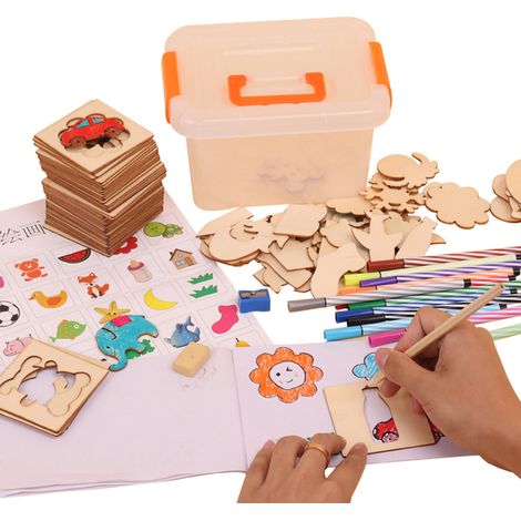 Set de 6 pochoirs en bois pour enfants, dessin graffiti et coloriage, jouets DIY créatifs. (1/5)