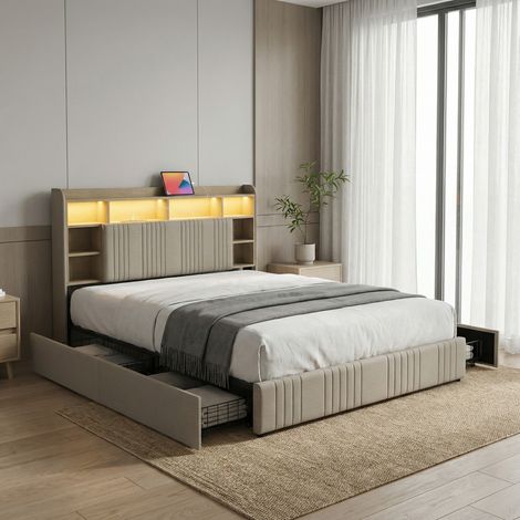 Letto con 4 cassetti 160x200, letto matrimoniale con illuminazione LED e porta USB, testiera con contenitore, legno e lino, stile moderno, Beige