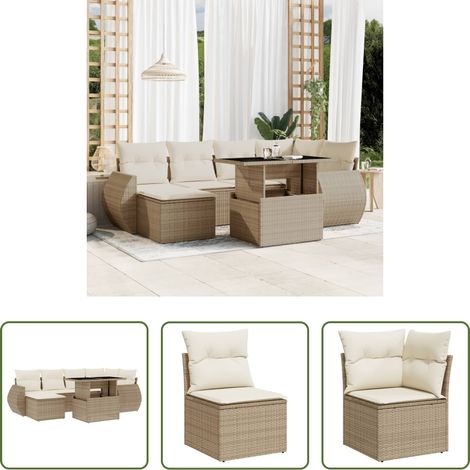 vidaXL Gartensessel - 7-tlg. Garten-Sofagarnitur mit Kissen Beige Poly Rattan (1/5)