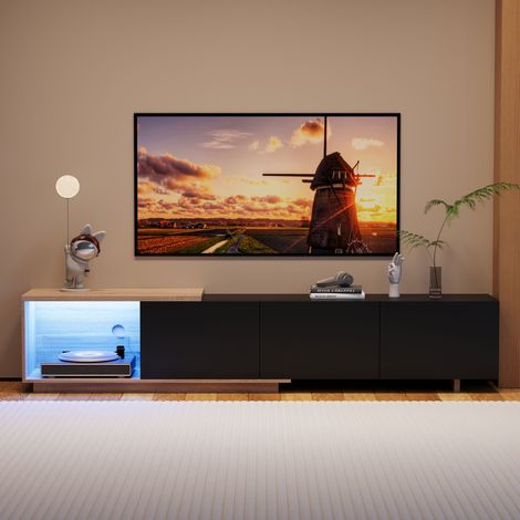 Meuble TV LED Extensible 163–240 cm, 3 Tiroirs et 1 Niche Ouverte, Meuble Tele , Meuble Télé avec Rangement, Table TV pour Salon ou Chambre, Design Moderne -Noir (1/5)