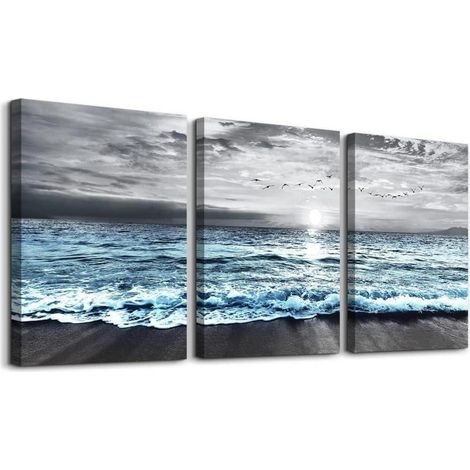 Tableau toile 3 pièces paysage marin lever de soleil oiseaux volants 40x30cm (1/5)