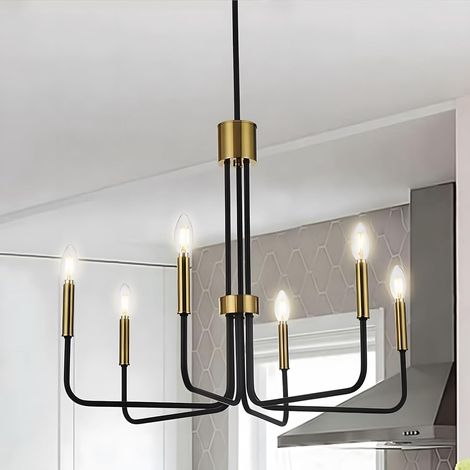 1 Lustre 6 Lumières, Fer Noir Et Doré, Hauteur Réglable, Suspension Ø71 cm, Pour Salon Salle À Manger (1/5)