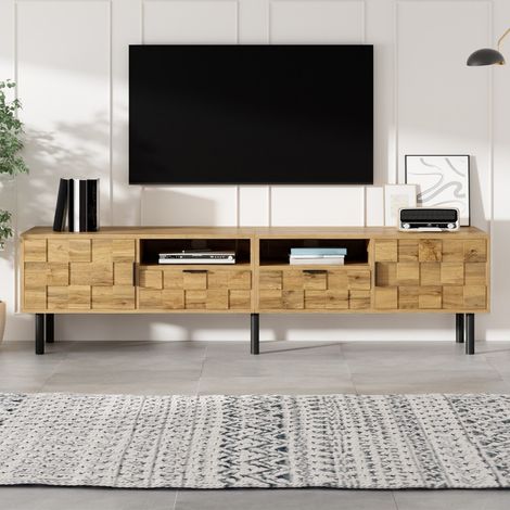 Meuble TV Mosaïque - 160X35X42.5cm - Lowboard avec 2 Portes 2 Tiroirs et 2 Niches - Effet Bois Naturel et Pieds Métal - Naturel (1/5)