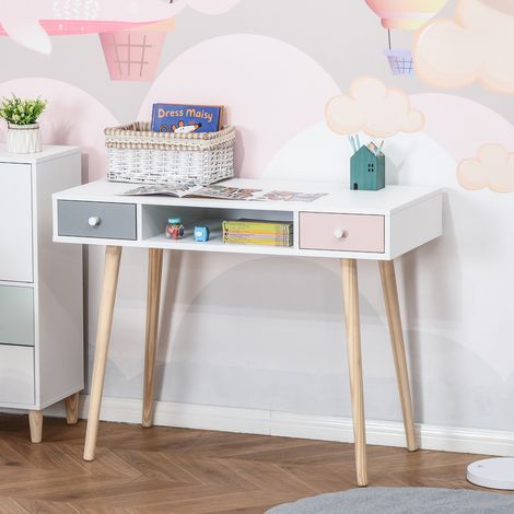 Skandinavischer Kinderschreibtisch mit Schublade und Ablagefach, 100 x 48 x 76,5 cm (L x B x H), MDF und Kiefernholz, weiß, grau und rosa