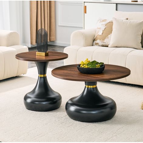 Couchtische 2er-Set aus Metall, rund und ineinanderschiebbar, Walnussoptik/Schwarz, Ø70/50 cm (1/5)