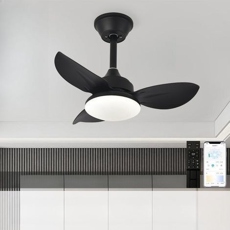 Ventilateur de Plafond 65 cm Noir avec Lumière LED, Bois Naturel, Télécommande, Plafonnier Silencieux Réversible pour Chambre et Salon