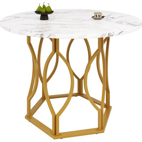 CAIziTable à manger ronde (100×100×76 cm), table de cuisine, table ronde pour 4, adaptée à la salle à manger et au salon, pieds en métal, plateau en MDF marbré, pieds dorés