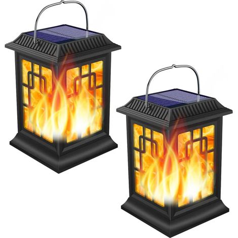 Juego de 2 faroles solares para exterior con efecto de llama realista, resistentes al agua IP65.