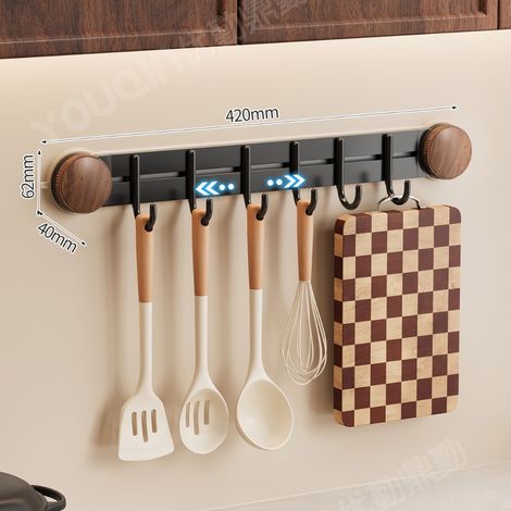Porte-Croches Suspendu Sans Perçage à Ventouse, Barre à Crochets pour Cuisine, 6 Crochets, Finition Bois de Noyer (1/5)