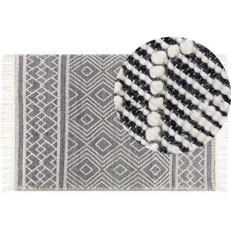 Alfombra de lana negro blanco 160 x 230 cm algodón a mano geométrico borlas Savuca (1/5)