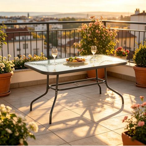 Mesa de jardín rectangular 120 x 80 x 70 cm de metal y vidrio templado gris OKMYHOME (1/5)