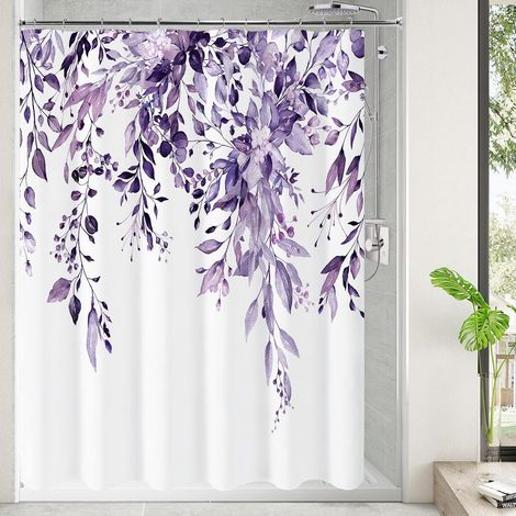 Rideau Douche Marron 180x200cm Aquarelle Feuilles Fleurs Crochets (1/4)