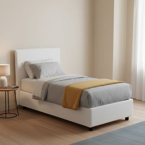Dmora - Cama individual Dbaldo, Cama contenedor con revestimiento de tela, 100% Made in Italy, Apertura frontal, adecuado para colchón Cm 90x190, Blanco (1/5)