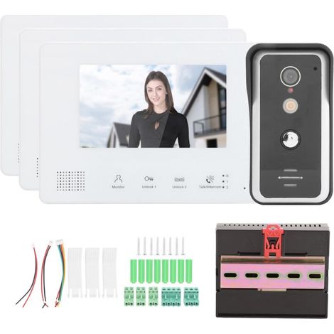 2-Wire Video Doorbell System Kit, 7-inch TFT LCD Screen, 3 Monitors, Clear Night Vision, 100-240V Home Intercom (1/5)