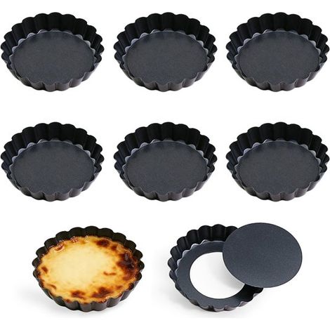 Set di 6 stampi per crostate in acciaio al carbonio, misura M (9,8 x 9,8 x 1,8 cm), rivestimento antiaderente e fondo removibile, stampi per crostate a coste (1/5)