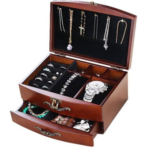 Boîte à bijoux en bois vintage, grande Boîte à bijoux avec 2 tiroirs, excellente idée cadeau, HWD 20 x 15 x 11 cm (couleur noyer)- (1/5)