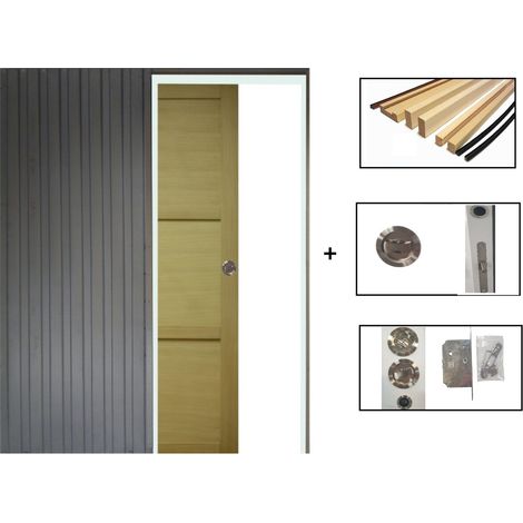 Porte Coulissante Bois Ayous 3 Panneaux H204 X L93 + Système À Galandage Et Kit Finition Inclus