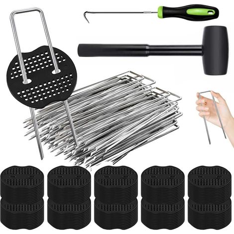 100 Pcs piquets de Jardin,avec 100 Rondelles Sardine,1 Marteau  1 Crochet de cueillette,Pelouse Agrafes, Sardines Camping,piquets Anti Rouille en Acier,Sardines de Fixation (1/5)
