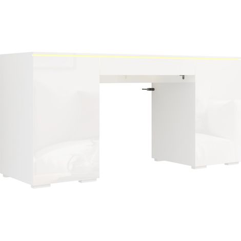 Escritorio de 140x50 cm en blanco brillo con LED, 1 cajón y 2 puertas HOMVRA (1/5)