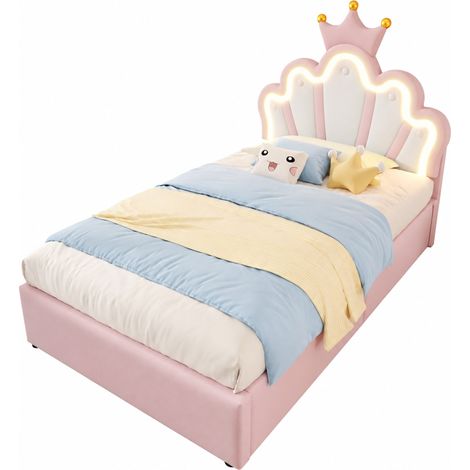 Letto imbottito 90 x 200 cm con contenitore idraulico, testiera regolabile, luce LED multicolore e design a corona rosa CHICFURN (1/5)