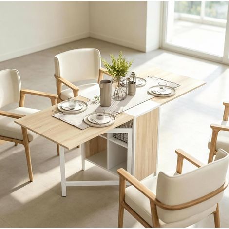 Table pliante 170/60/75 cm blanc et chêne clair avec 4 niches de rangement (1/5)