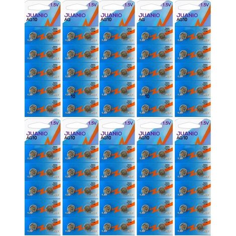 Lot de 100 Piles bouton plates type AG10 compatibles LR1130 / LR54 / G10 1,5V - Juanio - (1/2)