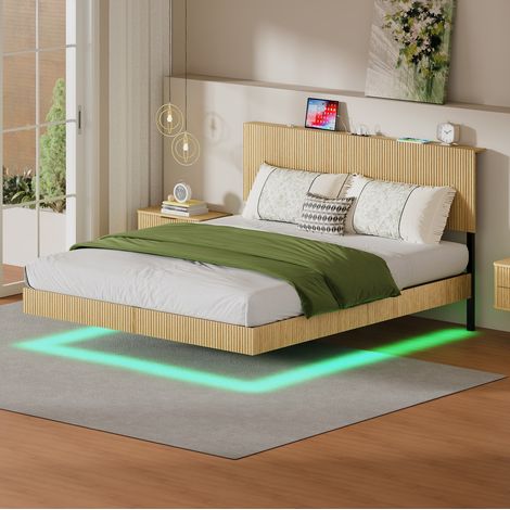 Cama 180 x 200 cm con cabecero, diseño flotante, LED, MDF y metal, natural OKMYHOME (1/5)