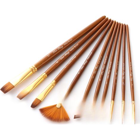Set di 10 pennelli per artisti, con setole in nylon, per diverse tecniche (acrilico, acquerello, guazzo, olio).