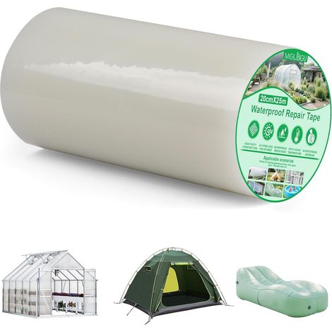 Ruban de Réparation pour Serre 25 m x 20 cm Épaisseur 0,15 mm, Ruban Adhésif Transparent, Etanche Eau, Bande Collante Etancheite pour Piscine, Tente, Tonnelle, Coussin gonflable (1/5)