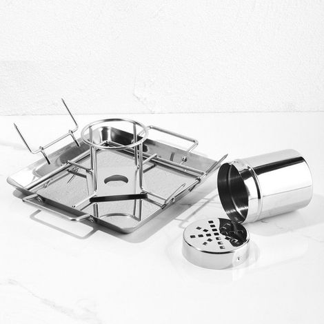 Grill à poulet vertical en acier inoxydable avec bac récupérateur de graisse, idéal pour le camping et les grillades en plein air. (1/5)