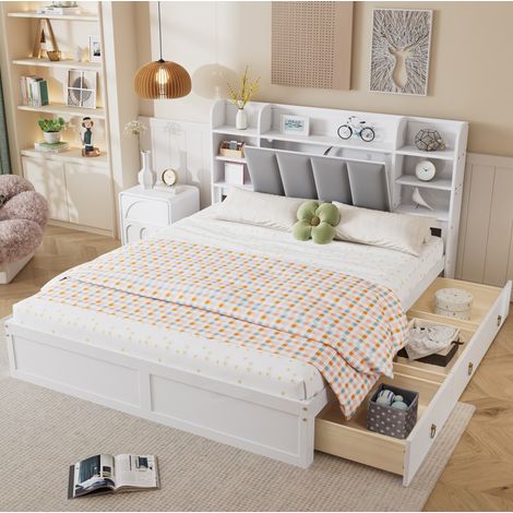 DESVIAE Lit double avec rangement tête de lit rembourrée velours étagères ouvertes trois tiroirs sur roulettes blanc gris 160 x 200 cm structure pin et MDF (1/5)