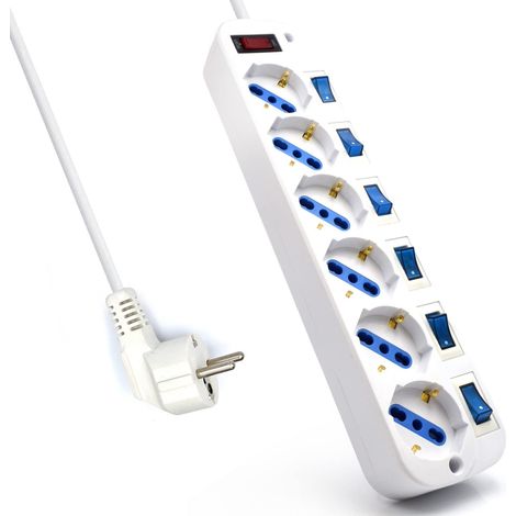 Multipresa a 6 Posti, Ciabatta Elettrica con 6 Prese Italiane e Schuko/Tedesche - Spina Schuko/Tedesca- Potenza 250V/2500W - Cavo da 3 Metri, Prese Angolate a 45° (1/5)