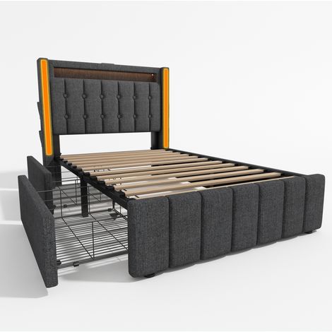 Letto singolo imbottito 90 x 200 cm con USB, Type-C, LED e 2 cassetti in tessuto grigio (1/5)
