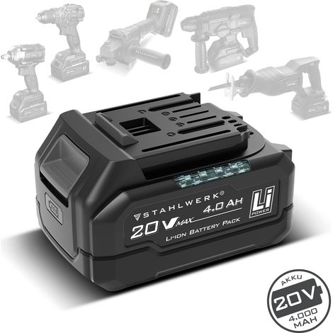 STAHLWERK Batterie WHB-2040 20 V 4 Ah 80 Wh avec indicateur de charge - Batterie Li-Ion avec affichage à 4 LED, bouton de test, bouton de déverrouillage et dimensions de 118 x 76 x 69 mm (1/5)