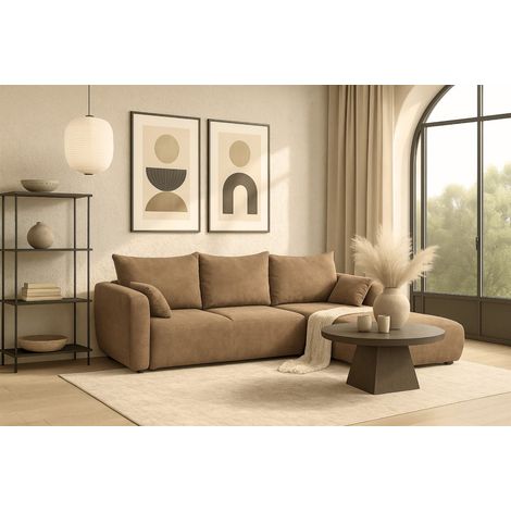 Ecksofa mit Schlaffunktion RUDEN Sofa in Stoff Raven Braunbeige Ottomane Rechts (1/5)