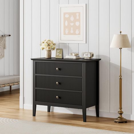 Commode 3 Tiroirs Blanche Moderne avec Façade Cannelée, Meuble Rangement Chambre, Noir (1/5)