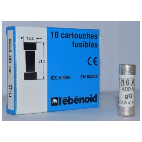 Fusible 12A cartouche 10.3X31.5mm gG usage domestique (boite de 10) 20kA 400V avec voyant EBENOID 066216 (1/2)