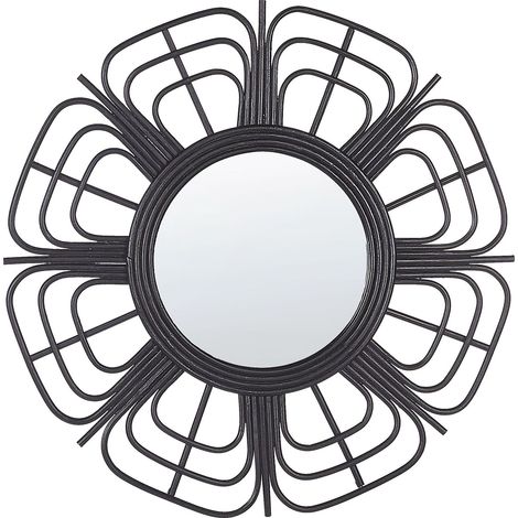 Specchio da parete rotondo moderno con cornice in rattan ø 60 cm nero Pasaku (1/5)