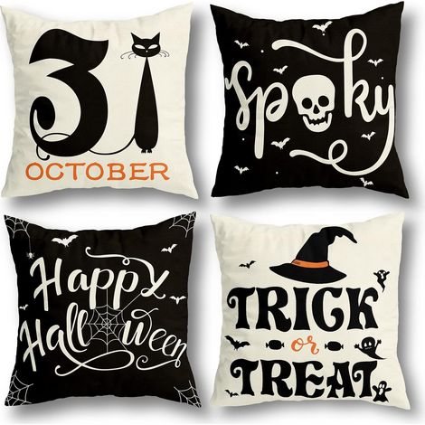 Décorations d'Halloween Housses de coussin 18 x 18 Lot de 4 pour décoration d'Halloween Intérieur extérieur, Articles de fête Ferme Décoration d'intérieur Coussins Couverture Toile d'araignée Chat Crâ