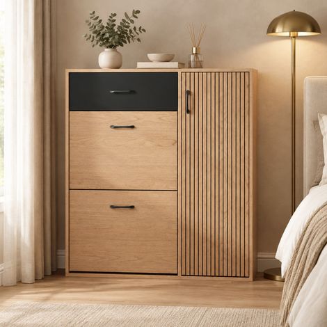 Mobile porta scarpe stretto 100 x 35 x 106 cm, 1 cassetto, 2 ribalte, naturale e nero DESVIAE (1/5)