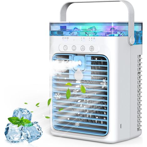 Climatiseur Mobile 4 en 1, Mini Climatiseur Portable sans Évacuation, Ventilateur Climatiseur USB, 3 Vitesses, 2 Modes Brumisation, Réservoir 1000ML, Minuterie 2/4/8H, Silencieux pour Chambre Voiture (1/5)