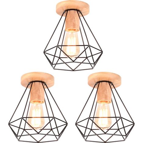 Rétro Diamant Plafonnier Industrielle Cage en Métal et Bois E27 40W Noir 3PCS (1/5)