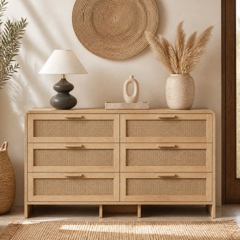 Credenza a 6 cassetti 130 x 40 x 74 cm in truciolare e rattan, colore naturale DESVIAE (1/5)