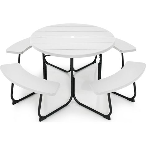 Ensemble table de pique-nique circulaire 190 x 76 cm 8 places trou pour parasol design extérieur en HDPE blanc