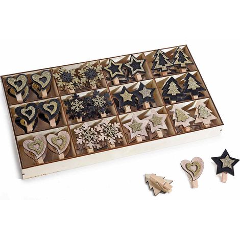Mollette natalizie in legno con glitter a forma di albero, cuore e stella in espositore, Pino: cm 3,5 x 4,5 H