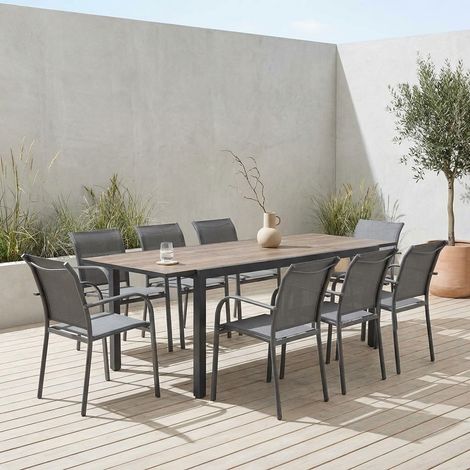 Table de jardin extensible aluminium effet bois + 8 assises anthracite - Nashville / Amara