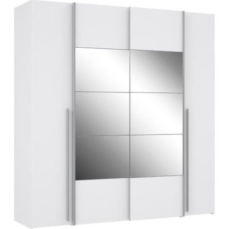 Armoire NARAGO - Décor Blanc mat - 2 portes coulissantes + miroir + 2 portes battantes + 2 penderies - L200 x P61 x H210 cm (1/5)